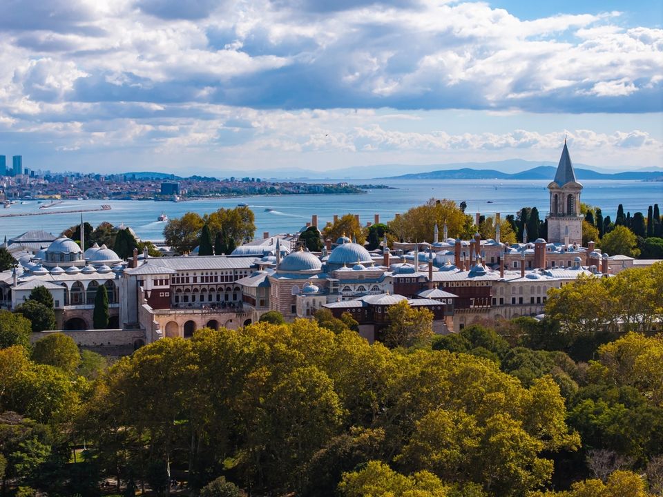 Panoramic view of Topkapi Palace courtyards and the Bosphorus in Istanbul
